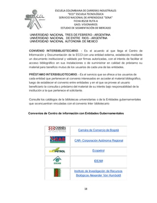 ESCUELA COLOMBIANA DE CARRERAS INDUSTRIALES
“ECCI” ESCUELA TECNOLÓGICA
SERVICIO NACIONAL DE APRENDIZAJE “SENA”
FICHA 85218 RUTA A
GAES: VISIONARIOS
ESTUDIO DE SEGMENTACIÓN DE MERCADO
18
UNIVERSIDAD NACIONAL TRES DE FEBRERO - ARGENTINA
UNIVERSIDAD NACIONAL DE ENTRE RIOS - ARGENTINA
UNIVERSIDAD NACIONAL AUTONOMA DE MEXICO
CONVENIO INTERBIBLIOTECARIO. - Es el acuerdo al que llega el Centro de
Información y Documentación de la ECCI con una entidad externa, establecido mediante
un documento institucional y validado por firmas autorizadas, con el interés de facilitar el
acceso bibliográfico en sus instalaciones o de suministrar en calidad de préstamo su
material para beneficio mutuo de los usuarios de cada una de las entidades.
PRÉSTAMO INTERBIBLIOTECARIO. - Es el servicio que se ofrece a los usuarios de
cada entidad que pertenecen al convenio interesados en acceder al material bibliográfico,
luego de establecer el convenio entre entidades y en el que se provee al usuario
beneficiario la consulta o préstamo del material de su interés bajo responsabilidad de la
institución a la que pertenece el solicitante.
Consulte los catálogos de la bibliotecas universitarias o de la Entidades gubernamentales
que se encuentran vinculadas con el convenio Inter bibliotecario
Convenios de Centro de información con Entidades Gubernamentales
Camára de Comercio de Bogotá
CAR- Corporación Autónoma Regional
Ecopetrol
IDEAM
Instituto de Investigación de Recursos
Biológicos Alexander Von Humboldt
 