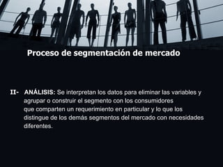 Proceso de segmentación de mercado II-  ANÁLISIS:  Se interpretan los datos para eliminar las variables y agrupar o construir el segmento con los consumidores  que comparten un requerimiento en particular y lo que los  distingue de los demás segmentos del mercado con necesidades  diferentes. Lorem ipsum dolor sit amet, consectetuer adipiscing elit, sed diam nonummy nibh euismod tincidunt ut laoreet dolore magna aliquam erat volutpat. Ut wisi enim ad minim veniam, quis nostrud exerci tation ullamcorper suscipit lobortis nisl ut aliquip ex ea commodo consequat.  Duis autem vel eum iriure dolor in hendrerit in vulputate velit esse molestie consequat, vel illum dolore eu feugiat nulla facilisis at vero eros et accumsan et iusto odio dignissim qui blandit praesent luptatum zzril delenit augue duis dolore te feugait nulla facilisi.  