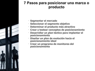 7 Pasos para posicionar una marca o producto Segmentar el mercado Seleccionar el segmento objetivo Determinar el producto más atractivo Crear y testear conceptos de posicionamiento Desarrollar un plan táctico para implantar el posicionamiento  Diseñar un plan de evolución hacia el posicionamiento ideal Crear un programa de monitoreo del posicionamiento  