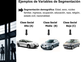 Ejemplos de Variables de Segmentación  Segmentación demográfica : Edad, sexo, núcleo  familiar, ingresos, ocupación, educación, raza, religión,  estado civil, nacionalidad. Clase Social  Clase Social  Clase Social Alta (A)  Media  (B)  Baja (C) 