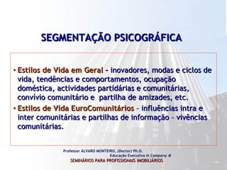 SEGMENTAÇÃO PSICOGRÁFICA   Estilos de Vida em Geral  –  inovadores, modas e ciclos de vida, tendências e comportamentos, ocupação doméstica, actividades partidárias e comunitárias, convívio comunitário e  partilha de amizades, etc.  Estilos de Vida EuroComunitários  – influências intra e inter comunitárias e partilhas de informação – vivências comunitárias.  Professor ÁLVARO MONTEIRO,  (Doctor)  Ph.D.  Educação Executiva  In Company   SEMINÁRIOS PARA PROFISSIONAIS IMOBILIÁRIOS   
