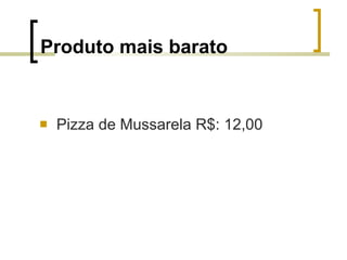 Produto mais barato   Pizza de Mussarela R$: 12,00 
