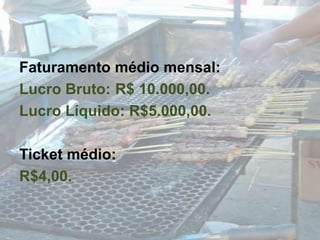 Faturamento médio mensal:Lucro Bruto: 	R$ 10.000,00.Lucro Líquido: R$5.000,00.Ticket médio:R$4,00.