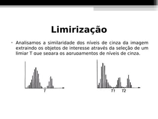 Limirização

    Analisamos a similaridade dos níveis de cinza da imagem
    extraindo os objetos de interesse através da seleção de um
    limiar T que separa os agrupamentos de níveis de cinza.
 