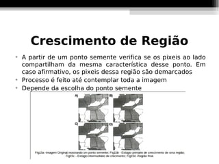 Crescimento de Região

    A partir de um ponto semente verifica se os pixeis ao lado
    compartilham da mesma característica desse ponto. Em
    caso afirmativo, os pixeis dessa região são demarcados

    Processo é feito até contemplar toda a imagem

    Depende da escolha do ponto semente
 