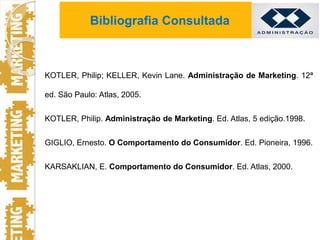 KOTLER, Philip; KELLER, Kevin Lane. Administração de Marketing. 12ª
ed. São Paulo: Atlas, 2005.
KOTLER, Philip. Administração de Marketing. Ed. Atlas, 5 edição.1998.
GIGLIO, Ernesto. O Comportamento do Consumidor. Ed. Pioneira, 1996.
KARSAKLIAN, E. Comportamento do Consumidor. Ed. Atlas, 2000.
Bibliografia Consultada
 