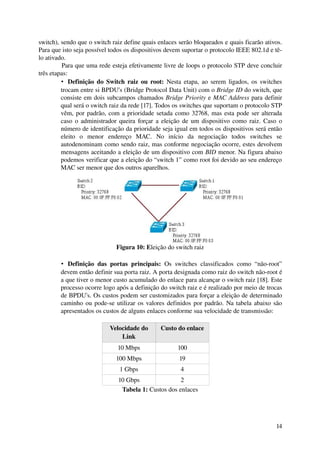 switch), sendo que o switch raiz define quais enlaces serão bloqueados e quais ficarão ativos. 
Para que isto seja possível todos os dispositivos devem suportar o protocolo IEEE 802.1d e tê­
lo ativado.
         Para que uma rede esteja efetivamente livre de loops o protocolo STP deve concluir 
três etapas:
         • Definição do Switch raiz ou root:  Nesta etapa, ao serem ligados, os switches 
         trocam entre si BPDU's (Bridge Protocol Data Unit) com o Bridge ID do switch, que 
         consiste em dois subcampos chamados Bridge Priority e MAC Address para definir 
         qual será o switch raiz da rede [17]. Todos os switches que suportam o protocolo STP 
         vêm, por padrão, com a prioridade setada como 32768, mas esta pode ser alterada 
         caso o administrador queira forçar a eleição de um dispositivo como raiz. Caso o 
         número de identificação da prioridade seja igual em todos os dispositivos será então 
         eleito   o   menor   endereço   MAC.   No   início   da   negociação   todos   switches   se 
         autodenominam como sendo raiz, mas conforme negociação ocorre, estes devolvem 
         mensagens aceitando a eleição de um dispositivo com BID menor. Na figura abaixo 
         podemos verificar que a eleição do “switch 1” como root foi devido ao seu endereço 
         MAC ser menor que dos outros aparelhos.




                                Figura 10: Eleição do switch raiz

         • Definição   das   portas   principais:  Os   switches   classificados   como   “não­root” 
         devem então definir sua porta raiz. A porta designada como raiz do switch não­root é 
         a que tiver o menor custo acumulado do enlace para alcançar o switch raiz [18]. Este 
         processo ocorre logo após a definição do switch raiz e é realizado por meio de trocas 
         de BPDU's. Os custos podem ser customizados para forçar a eleição de determinado 
         caminho ou pode­se utilizar os valores definidos por padrão. Na tabela abaixo são 
         apresentados os custos de alguns enlaces conforme sua velocidade de transmissão:

                             Velocidade do        Custo do enlace
                                 Link
                                10 Mbps                  100
                                100 Mbps                  19
                                 1 Gbps                    4
                                 10 Gbps                2
                                  Tabela 1: Custos dos enlaces




                                                                                                  14
 