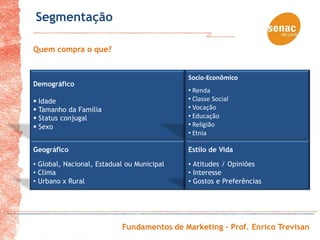 Segmentação

Quem compra o que?


                                            Socio-Econômico
Demográfico
                                            • Renda
 Idade                                     • Classe Social
 Tamanho da Família                        • Vocação
 Status conjugal                           • Educação
 Sexo                                      • Religião
                                            • Etnia

Geográfico                                  Estilo de Vida

• Global, Nacional, Estadual ou Municipal   • Atitudes / Opiniões
• Clima                                     • Interesse
• Urbano x Rural                            • Gostos e Preferências




                           Fundamentos de Marketing – Prof. Enrico Trevisan
 