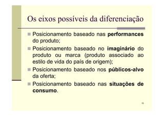 Os eixos possíveis da diferenciação
 Posicionamento baseado nas performances
do produto;
 Posicionamento baseado no imaginário do
produto ou marca (produto associado ao
15
produto ou marca (produto associado ao
estilo de vida do país de origem);
 Posicionamento baseado nos públicos-alvo
da oferta;
 Posicionamento baseado nas situações de
consumo.
 