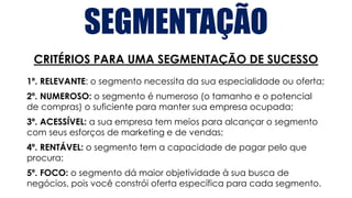 SEGMENTAÇÃO
CRITÉRIOS PARA UMA SEGMENTAÇÃO DE SUCESSO
1º. RELEVANTE: o segmento necessita da sua especialidade ou oferta;
2º. NUMEROSO: o segmento é numeroso (o tamanho e o potencial
de compras) o suficiente para manter sua empresa ocupada;
3º. ACESSÍVEL: a sua empresa tem meios para alcançar o segmento
com seus esforços de marketing e de vendas;
4º. RENTÁVEL: o segmento tem a capacidade de pagar pelo que
procura;
5º. FOCO: o segmento dá maior objetividade à sua busca de
negócios, pois você constrói oferta específica para cada segmento.
 