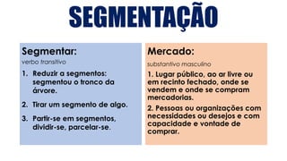SEGMENTAÇÃO
Segmentar:
verbo transitivo
1. Reduzir a segmentos:
segmentou o tronco da
árvore.
2. Tirar um segmento de algo.
3. Partir-se em segmentos,
dividir-se, parcelar-se.
Mercado:
substantivo masculino
1. Lugar público, ao ar livre ou
em recinto fechado, onde se
vendem e onde se compram
mercadorias.
2. Pessoas ou organizações com
necessidades ou desejos e com
capacidade e vontade de
comprar.
 