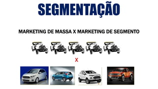 MARKETING DE MASSA X MARKETING DE SEGMENTO
X
SEGMENTAÇÃO
 