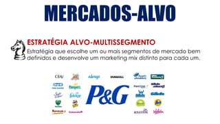 MERCADOS-ALVO
ESTRATÉGIA ALVO-MULTISSEGMENTO
Estratégia que escolhe um ou mais segmentos de mercado bem
definidos e desenvolve um marketing mix distinto para cada um.
 