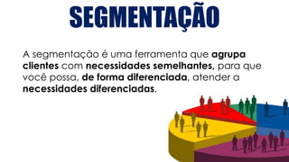 A segmentação é uma ferramenta que agrupa
clientes com necessidades semelhantes, para que
você possa, de forma diferenciada, atender a
necessidades diferenciadas.
SEGMENTAÇÃO
 