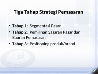 Tiga Tahap Strategi Pemasaran
• Tahap 1: Segmentasi Pasar
• Tahap 2: Pemilihan Sasaran Pasar dan
Bauran Pemasaran
• Tahap 3: Positioning produk/brand
 