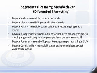 Segmentasi Pasar Yg Membedakan
(Diferented Marketing)
- Toyota Yaris = membidik pasar anak muda
- Toyota Vios = membidik pasar eksekutif muda
- Toyota Rush = membidik pasar keluarga muda yang ingin SUV
murah
- Toyota Kijang Innova = membidik pasar keluarga mapan yang ingin
mobil yang muat banyak atau para pebisnis persewaan mobil
- Toyota Fortuner = membidik pasar keluarga mapan yang ingin SUV
- Toyota Corolla Altis = membidik pasar orang-orang konservatif
yang telah mapan
 