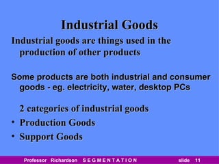 Industrial Goods Industrial goods are things used in the production of other products Some products are both industrial and consumer goods - eg. electricity, water, desktop PCs 2 categories of industrial goods Production Goods Support Goods 