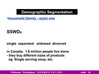 Demographic Segmentation household (family - style) size SSWD s single  separated  widowed  divorced in Canada,  1.6 million people live alone - they buy different sizes of products   eg. Single serving soup, etc. 