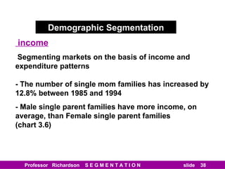Demographic Segmentation income Segmenting markets on the basis of income and expenditure patterns - The number of single mom families has increased by 12.8% between 1985 and 1994 - Male single parent families have more income, on average, than Female single parent families (chart 3.6) 