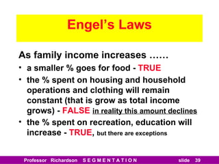 Engel’s Laws As family income increases …… a smaller % goes for food -  TRUE the % spent on housing and household operations and clothing will remain constant (that is grow as total income grows) -  FALSE  in reality this amount declines the % spent on recreation, education will increase -  TRUE ,  but there are exceptions 