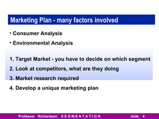 Marketing Plan - many factors involved Consumer Analysis Environmental Analysis 1. Target Market - you have to decide on which segment 2. Look at competitors, what are they doing 3. Market research required 4. Develop a unique marketing plan 