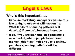 Engel’s Laws Why is this important…… because marketing managers can use this law to figure out what will happen (ie. What kinds of spending patterns will develop) if people’s incomes increase also, if you are planning on going into a new market, where people have more money - this “law” helps you to plan how people’s spending patterns will be different 