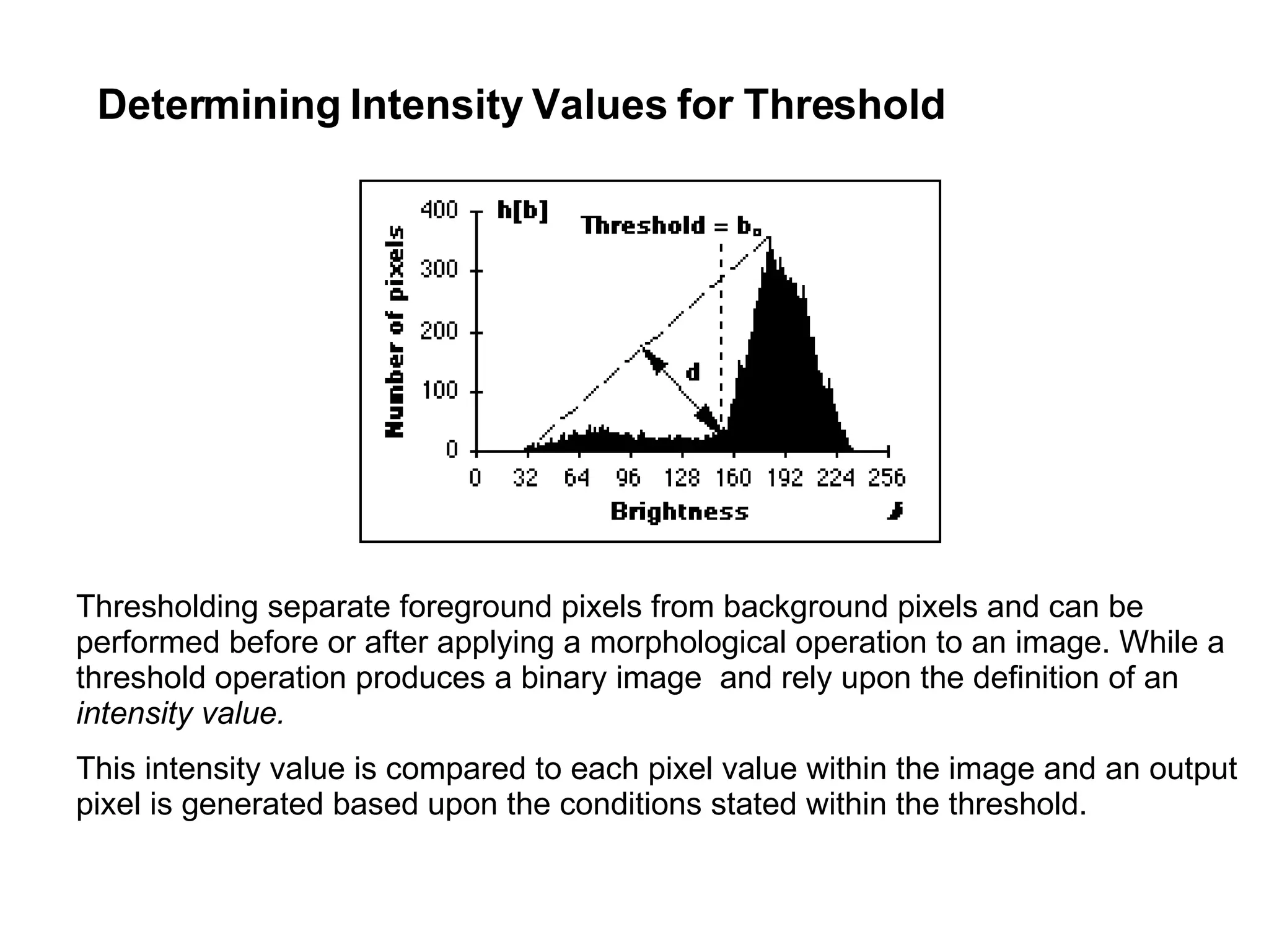 Determining Intensity Values for Threshold Thresholding separate foreground pixels from background pixels and can be performed before or after applying a morphological operation to an image. While a threshold operation produces a binary image  and rely upon the definition of an  intensity value.   This intensity value is compared to each pixel value within the image and an output pixel is generated based upon the conditions stated within the threshold. 