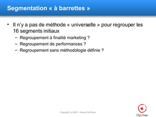 Segmentation  « à barrettes » Il n’y a pas de méthode « universelle » pour regrouper les 16 segments initiaux Regroupement à finalité marketing ? Regroupement de performances ? Regroupement sans méthodologie définie ? 