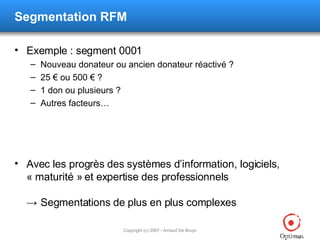 Segmentation RFM Exemple : segment 0001 Nouveau donateur ou ancien donateur réactivé ? 25 € ou 500 € ? 1 don ou plusieurs ? Autres facteurs… Avec les progrès des systèmes d’information, logiciels, « maturité » et expertise des professionnels ->   Segmentations de plus en plus complexes 
