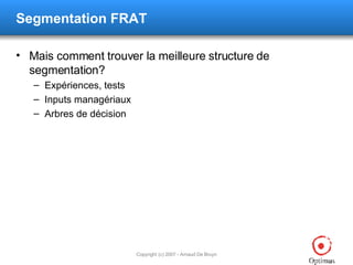 Segmentation FRAT Mais comment trouver la meilleure structure de segmentation? Expériences, tests Inputs managériaux Arbres de décision 