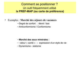 Comment se positionner ?
Un outil fréquemment utilisé
la PREF-MAP (ou carte de préférence)
• Exemples : Marché des séjours de vacances
– Degré de confort : élevé / bas
– Anticonformisme / Conformisme

– Marché des eaux minérales :
– valeur « santé » – expression d’un style de vie
– Dynamisme - statisme

 