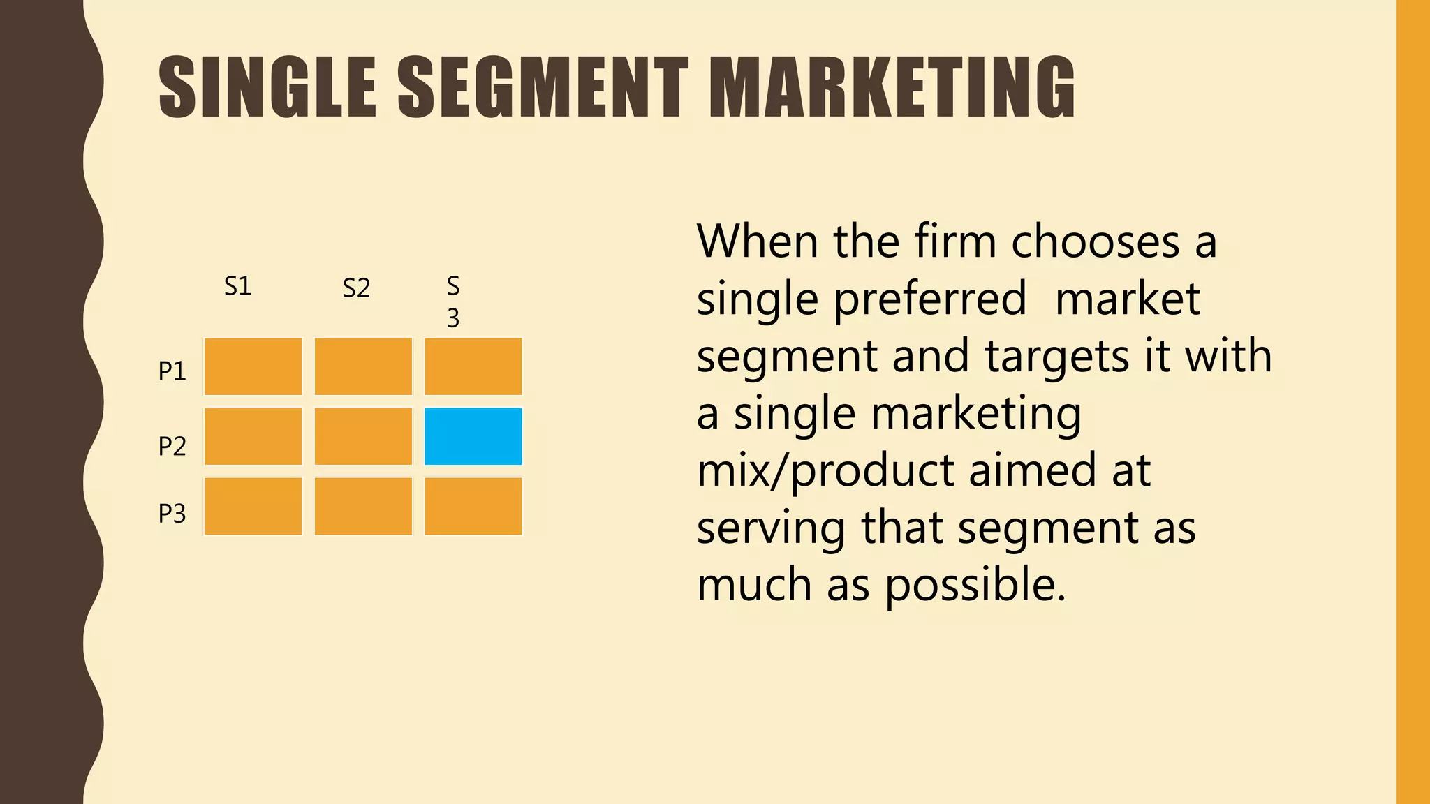 SINGLE SEGMENT MARKETING
S1 S2 S
3
P1
P2
P3
When the firm chooses a
single preferred market
segment and targets it with
a single marketing
mix/product aimed at
serving that segment as
much as possible.
 