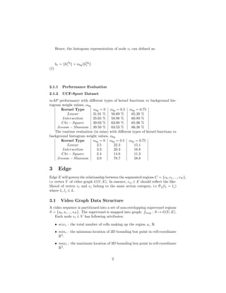 Hence, the histogram representation of node vi can deﬁned as:
hi = hfg
i + αbg hbg
i
(1)
2.1.1 Performance Evaluation
2.1.2 UCF-Sport Dataset
mAP performance with diﬀerent types of kernel functions vs background his-
togram weight values, αbg
Kernel Type αbg = 0 αbg = 0.5 αbg = 0.75
Linear 31.91 % 56.69 % 65.29 %
Intersection 35.65 % 58.98 % 60.89 %
Chi − Square 39.03 % 63.08 % 65.96 %
Jenson − Shannon 39.50 % 63.53 % 66.38 %
The runtime evaluation (in mins) with diﬀerent types of kernel functions vs
background histogram weight values, αbg
Kernel Type αbg = 0 αbg = 0.5 αbg = 0.75
Linear 2.5 22.3 15.1
Intersection 3.3 20.3 16.8
Chi − Square 2.4 14.8 11.2
Jenson − Shannon 3.0 78.7 58.8
3 Edge
Edge E will govern the relationship between the segmented regions C = {c0, c1, ..., cN },
i.e vertex V of video graph G(V, E). In essence, eij ∈ E should reﬂect the like-
lihood of vertex vi and vj belong to the same action category, i.e Pij(li = lj)
where li, lj ∈ L.
3.1 Video Graph Data Structure
A video sequence is partitioned into a set of non-overlapping supervoxel regions
S = {s0, s1, .., sN }. The supervoxel is mapped into graph: fmap : S → G(V, E).
Each node vi ∈ V has following attributes:
ˆ sizei : the total number of cells making up the region si, R.
ˆ mini : the minimum location of 3D bounding box point in cell-coordinate
R3
.
ˆ maxi : the maximum location of 3D bounding box point in cell-coordinate
R3
.
2
 