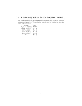 6 Preliminary results for UCF-Sports Dataset
The following results are obtained without tuning the MRF objective functions
parameters: σs and σd. The evaluation is performed for localization of action
in the video sequences.
Method mAP
Raptis et al [2011] 79.4%
Lan at al [2012] 73.1 %
SDPM [2011] 75.2 %
Ma et al [2013] 81.7 %
Xu et al [2014] 78.8 %
Ours 77.5 %
4
 