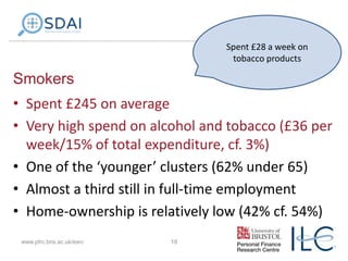 Spent £28 a week on
tobacco products

Smokers
• Spent £245 on average
• Very high spend on alcohol and tobacco (£36 per
week/15% of total expenditure, cf. 3%)
• One of the ‘younger’ clusters (62% under 65)
• Almost a third still in full-time employment
• Home-ownership is relatively low (42% cf. 54%)
www.pfrc.bris.ac.uk/esrc

18

 