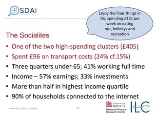Enjoy the finer things in
life, spending £131 per
week on eating
out, holidays and
recreation

The Socialites
•
•
•
•
•
•

One of the two high-spending clusters (£405)
Spent £96 on transport costs (24% cf.15%)
Three quarters under 65; 41% working full time
Income – 57% earnings; 33% investments
More than half in highest income quartile
90% of households connected to the internet
www.pfrc.bris.ac.uk/esrc

20

 