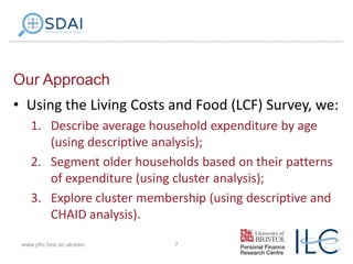Our Approach
• Using the Living Costs and Food (LCF) Survey, we:
1. Describe average household expenditure by age
(using descriptive analysis);
2. Segment older households based on their patterns
of expenditure (using cluster analysis);
3. Explore cluster membership (using descriptive and
CHAID analysis).
www.pfrc.bris.ac.uk/esrc

7

 