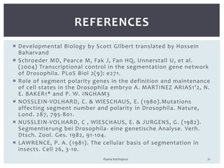  Developmental Biology by Scott Gilbert translated by Hossein
Baharvand
 Schroeder MD, Pearce M, Fak J, Fan HQ, Unnerstall U, et al.
(2004) Transcriptional control in the segmentation gene network
of Drosophila. PLoS Biol 2(9): e271.
 Role of segment polarity genes in the definition and maintenance
of cell states in the Drosophila embryo A. MARTINEZ ARIAS1'2, N.
E. BAKER1* and P. W. INGHAM3
 NOSSLEIN-VOLHARD, C. & WlESCHAUS, E. (1980).Mutations
affecting segment number and polarity in Drosophila. Nature,
Lond. 287, 795-801.
 NUSSLEIN-VOLHARD, C , WlESCHAUS, E. & JURGENS, G. (1982).
Segmentierung bei Drosophila- eine genetische Analyse. Verh.
Dtsch. Zool. Ges. 1982, 91-104.
 LAWRENCE, P. A. (1981). The cellular basis of segmentation in
insects. Cell 26, 3-10.
21
REFERENCES
Raana Karimpour
 