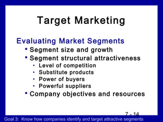 Target Marketing
     Evaluating Market Segments
          Segment size and growth
          Segment structural attractiveness
             •   Level of competition
             •   Substitute products
             •   Power of buyers
             •   Powerful suppliers
          Company objectives and resources


                                                         7 - 14
Goal 3: Know how companies identify and target attractive segments
 
