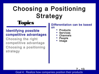 Choosing a Positioning
         Strategy
      Topics                     Differentiation can be based
                                 on
Identifying possible                    Products
                                        Services
competitive advantages                  Channels
Choosing the right                      People
                                        Image
competitive advantage
Choosing a positioning
strategy




                                                    7 - 19
     Goal 4: Realize how companies position their products
 