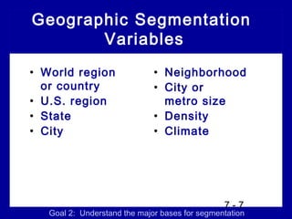 Geographic Segmentation
       Variables
• World region                • Neighborhood
  or country                  • City or
• U.S. region                   metro size
• State                       • Density
• City                        • Climate




                                                7-7
   Goal 2: Understand the major bases for segmentation
 
