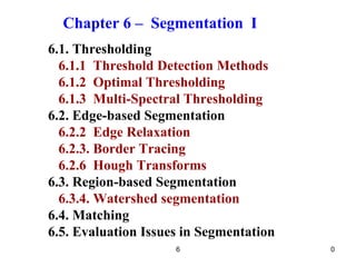 0
6.1. Thresholding
6.1.1 Threshold Detection Methods
6.1.2 Optimal Thresholding
6.1.3 Multi-Spectral Thresholding
6.2. Edge-based Segmentation
6.2.2 Edge Relaxation
6.2.3. Border Tracing
6.2.6 Hough Transforms
6.3. Region-based Segmentation
6.3.4. Watershed segmentation
6.4. Matching
6.5. Evaluation Issues in Segmentation
Chapter 6 – Segmentation I
6
 