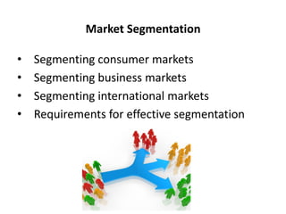 • Segmenting consumer markets
• Segmenting business markets
• Segmenting international markets
• Requirements for effective segmentation
Market Segmentation
 