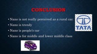 CONCLUSION
• Nano is not really perceived as a rural car.
• Nano is trendy
• Nano is people’s car
• Nano is for middle and lower middle class
 