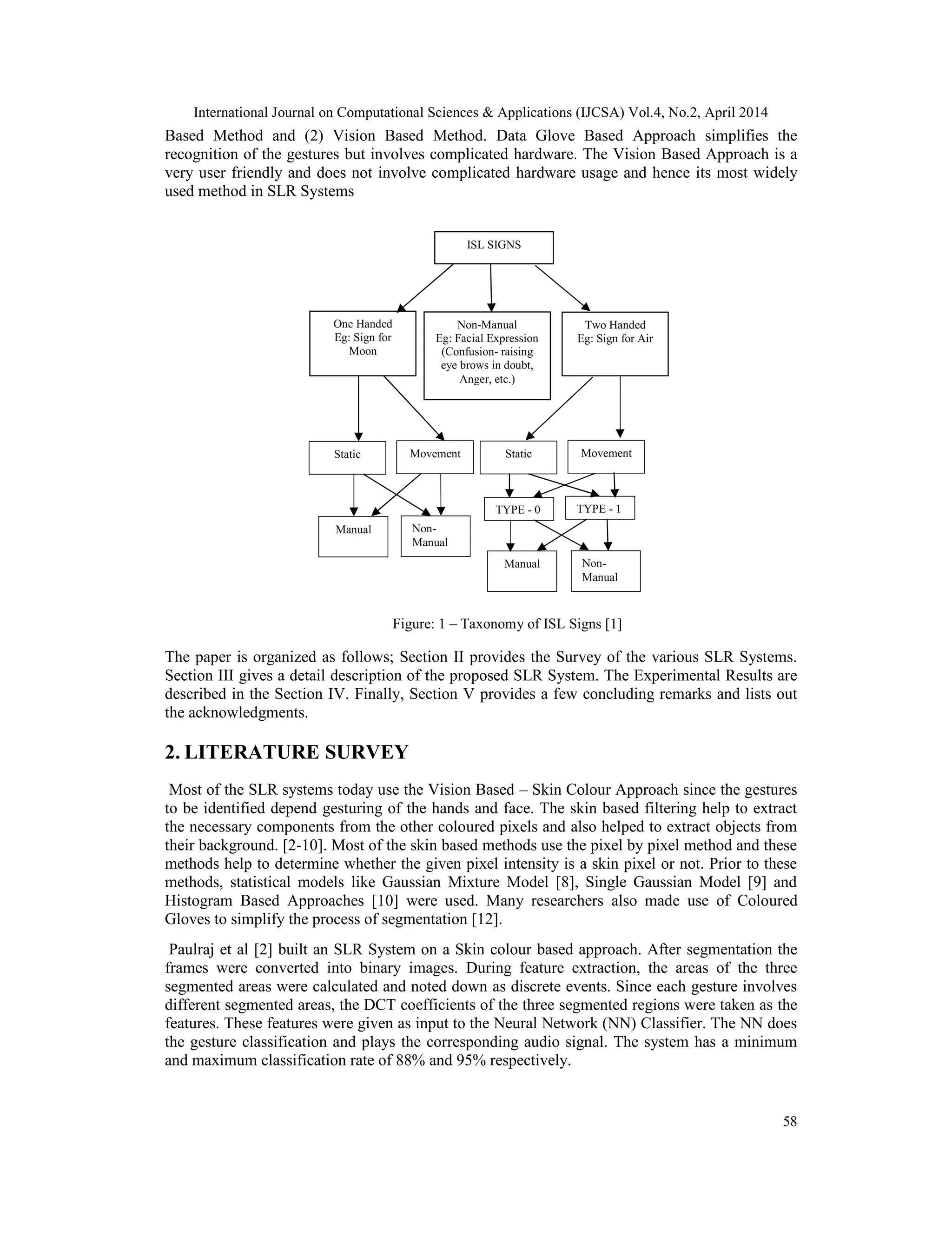 International Journal on Computational Sciences & Applications (IJCSA) Vol.4, No.2, April 2014 58 Based Method and (2) Vision Based Method. Data Glove Based Approach simplifies the recognition of the gestures but involves complicated hardware. The Vision Based Approach is a very user friendly and does not involve complicated hardware usage and hence its most widely used method in SLR Systems Figure: 1 – Taxonomy of ISL Signs [1] The paper is organized as follows; Section II provides the Survey of the various SLR Systems. Section III gives a detail description of the proposed SLR System. The Experimental Results are described in the Section IV. Finally, Section V provides a few concluding remarks and lists out the acknowledgments. 2. LITERATURE SURVEY Most of the SLR systems today use the Vision Based – Skin Colour Approach since the gestures to be identified depend gesturing of the hands and face. The skin based filtering help to extract the necessary components from the other coloured pixels and also helped to extract objects from their background. [2-10]. Most of the skin based methods use the pixel by pixel method and these methods help to determine whether the given pixel intensity is a skin pixel or not. Prior to these methods, statistical models like Gaussian Mixture Model [8], Single Gaussian Model [9] and Histogram Based Approaches [10] were used. Many researchers also made use of Coloured Gloves to simplify the process of segmentation [12]. Paulraj et al [2] built an SLR System on a Skin colour based approach. After segmentation the frames were converted into binary images. During feature extraction, the areas of the three segmented areas were calculated and noted down as discrete events. Since each gesture involves different segmented areas, the DCT coefficients of the three segmented regions were taken as the features. These features were given as input to the Neural Network (NN) Classifier. The NN does the gesture classification and plays the corresponding audio signal. The system has a minimum and maximum classification rate of 88% and 95% respectively. ISL SIGNS One Handed Eg: Sign for Moon Non-Manual Eg: Facial Expression (Confusion- raising eye brows in doubt, Anger, etc.) Two Handed Eg: Sign for Air Movement StaticStatic Movement Manual Manual Non- Manual Non- Manual TYPE - 0 TYPE - 1 