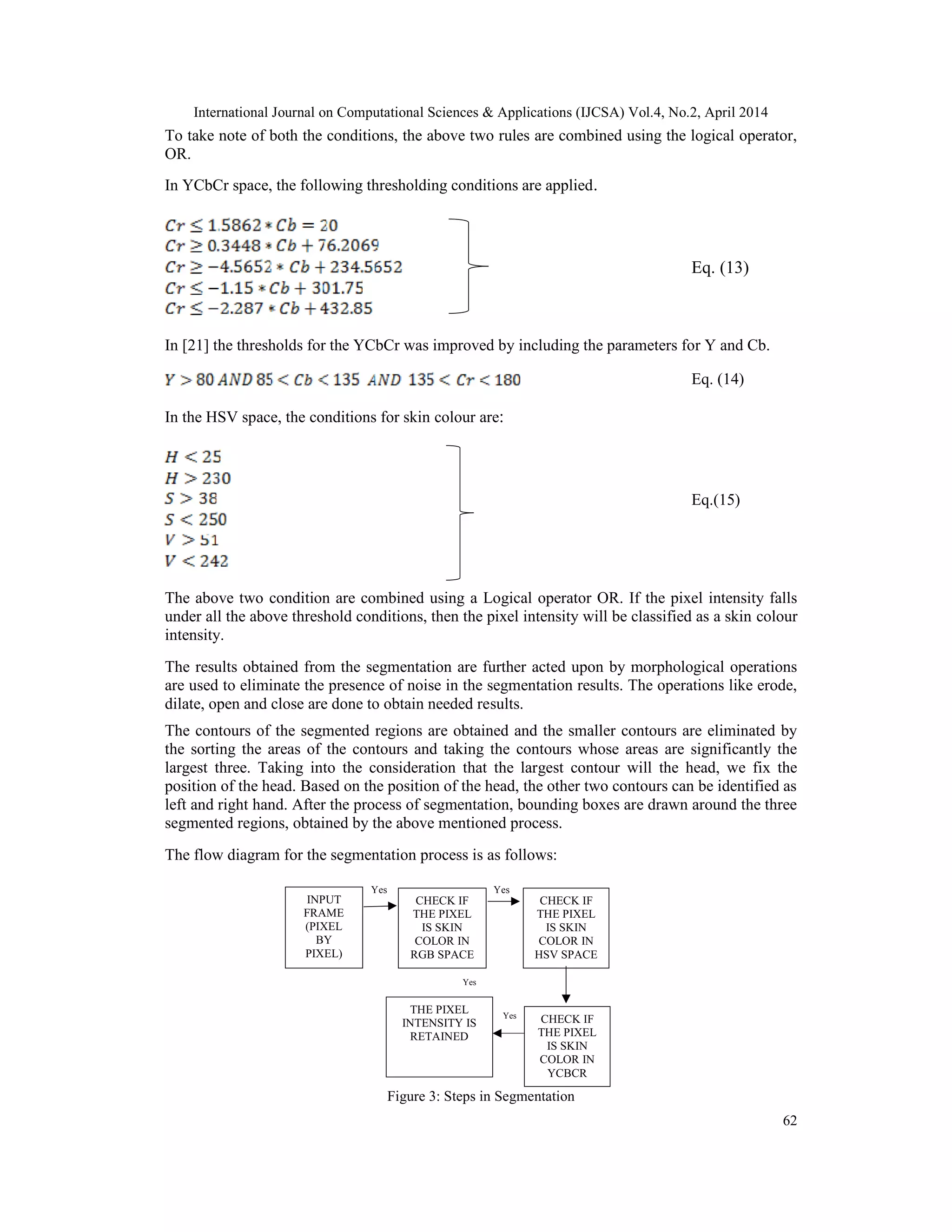 International Journal on Computational Sciences & Applications (IJCSA) Vol.4, No.2, April 2014 62 To take note of both the conditions, the above two rules are combined using the logical operator, OR. In YCbCr space, the following thresholding conditions are applied. Eq. (13) In [21] the thresholds for the YCbCr was improved by including the parameters for Y and Cb. Eq. (14) In the HSV space, the conditions for skin colour are: Eq.(15) The above two condition are combined using a Logical operator OR. If the pixel intensity falls under all the above threshold conditions, then the pixel intensity will be classified as a skin colour intensity. The results obtained from the segmentation are further acted upon by morphological operations are used to eliminate the presence of noise in the segmentation results. The operations like erode, dilate, open and close are done to obtain needed results. The contours of the segmented regions are obtained and the smaller contours are eliminated by the sorting the areas of the contours and taking the contours whose areas are significantly the largest three. Taking into the consideration that the largest contour will the head, we fix the position of the head. Based on the position of the head, the other two contours can be identified as left and right hand. After the process of segmentation, bounding boxes are drawn around the three segmented regions, obtained by the above mentioned process. The flow diagram for the segmentation process is as follows: Yes Yes Yes Figure 3: Steps in Segmentation INPUT FRAME (PIXEL BY PIXEL) CHECK IF THE PIXEL IS SKIN COLOR IN RGB SPACE CHECK IF THE PIXEL IS SKIN COLOR IN HSV SPACE CHECK IF THE PIXEL IS SKIN COLOR IN YCBCR THE PIXEL INTENSITY IS RETAINED Yes 