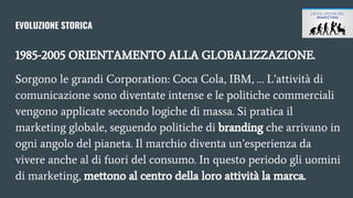 EVOLUZIONE STORICA
1985-2005 ORIENTAMENTO ALLA GLOBALIZZAZIONE.
Sorgono le grandi Corporation: Coca Cola, IBM, … L’attività di
comunicazione sono diventate intense e le politiche commerciali
vengono applicate secondo logiche di massa. Si pratica il
marketing globale, seguendo politiche di branding che arrivano in
ogni angolo del pianeta. Il marchio diventa un’esperienza da
vivere anche al di fuori del consumo. In questo periodo gli uomini
di marketing, mettono al centro della loro attività la marca.
 
