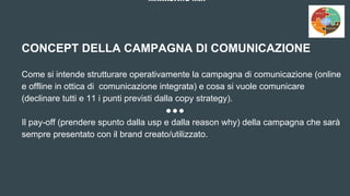 MARKETING MIX
CONCEPT DELLA CAMPAGNA DI COMUNICAZIONE
Come si intende strutturare operativamente la campagna di comunicazione (online
e offline in ottica di comunicazione integrata) e cosa si vuole comunicare
(declinare tutti e 11 i punti previsti dalla copy strategy).
Il pay-off (prendere spunto dalla usp e dalla reason why) della campagna che sarà
sempre presentato con il brand creato/utilizzato.
 