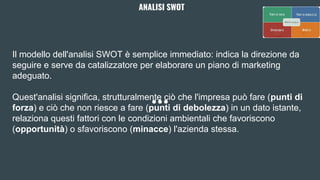 Il modello dell'analisi SWOT è semplice immediato: indica la direzione da
seguire e serve da catalizzatore per elaborare un piano di marketing
adeguato.
Quest'analisi significa, strutturalmente ciò che l'impresa può fare (punti di
forza) e ciò che non riesce a fare (punti di debolezza) in un dato istante,
relaziona questi fattori con le condizioni ambientali che favoriscono
(opportunità) o sfavoriscono (minacce) l'azienda stessa.
ANALISI SWOT
 