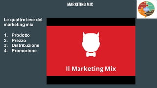MARKETING MIX
Le quattro leve del
marketing mix
1. Prodotto
2. Prezzo
3. Distribuzione
4. Promozione
 